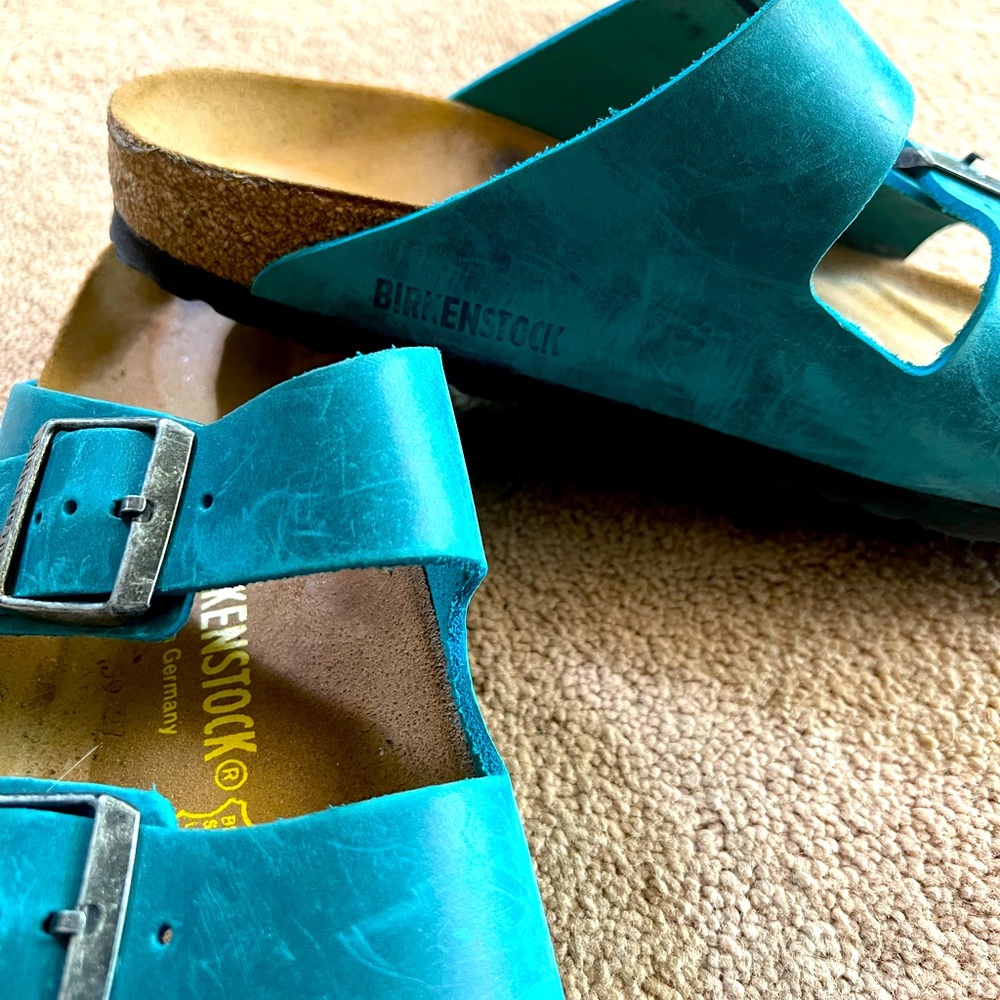 Birkenstock teal ladies Arizona style sandal.